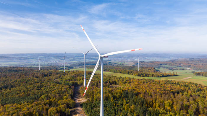 Projektmanager betrachtet Unterlagen auf einem Feld mit Windrädern im Hintergrund.